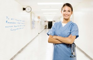 Young medical professional in clinic corridor